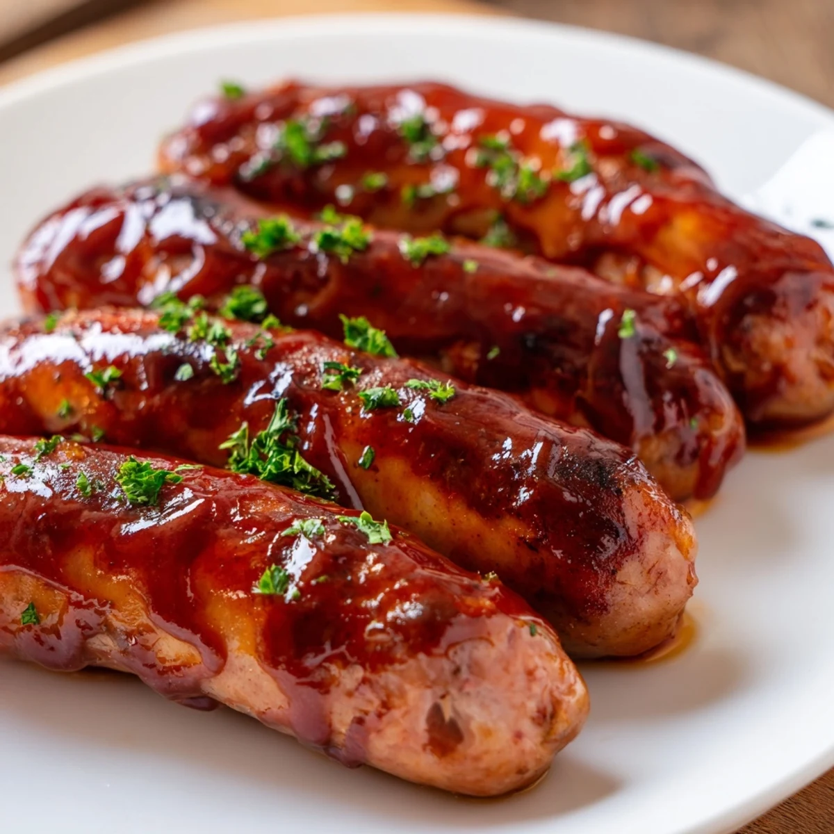 Golden brown sausages brushed with tangy barbecue glaze resting on a warm grill