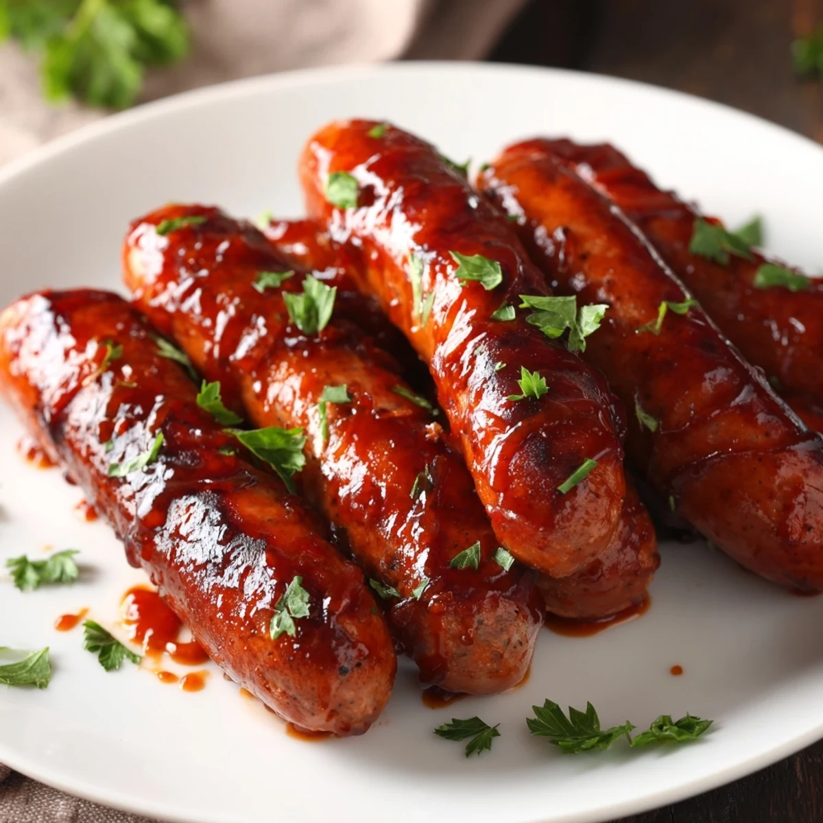 Smoky BBQ sausage recipe served in toasted buns with pickles and parsley garnish