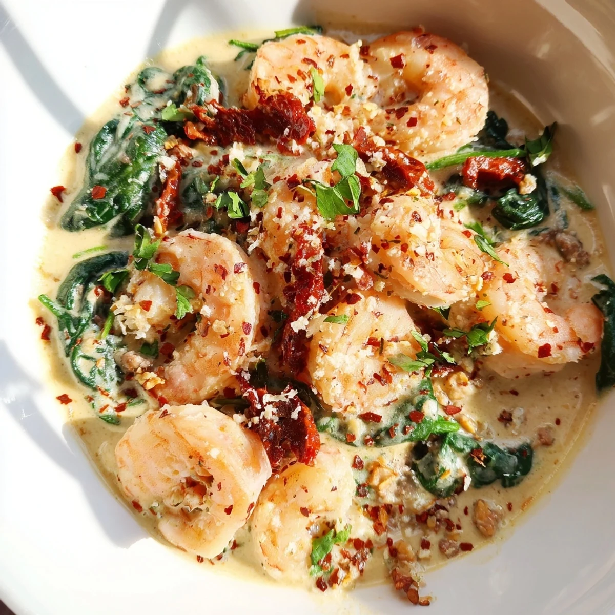 Golden seared shrimp nestled in a rich Parmesan cream sauce with wilted spinach for this keto creamy Tuscan shrimp.