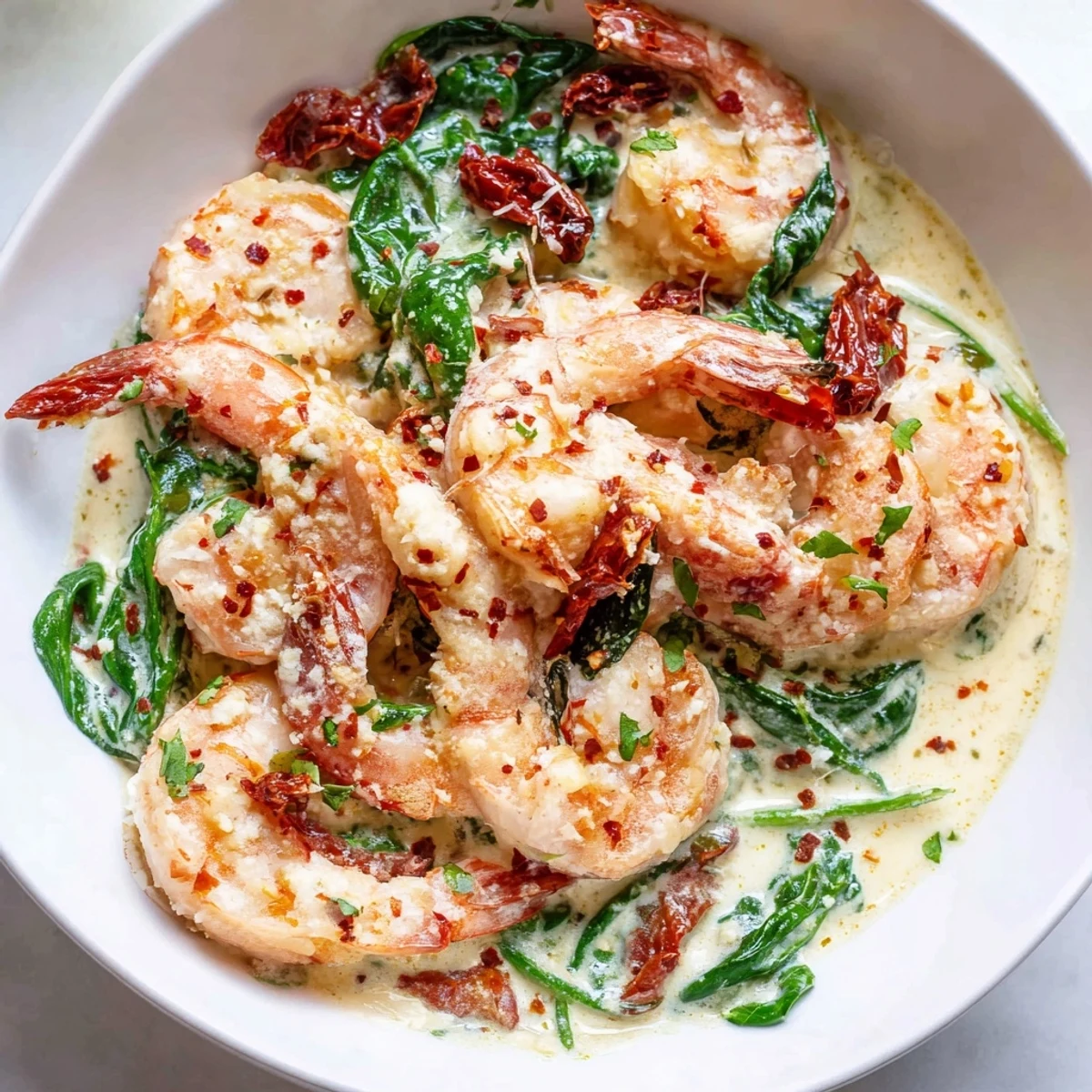 Plump pink shrimp swimming in a thick cheesy garlic sauce, a stunning keto creamy Tuscan shrimp plated with parsley.