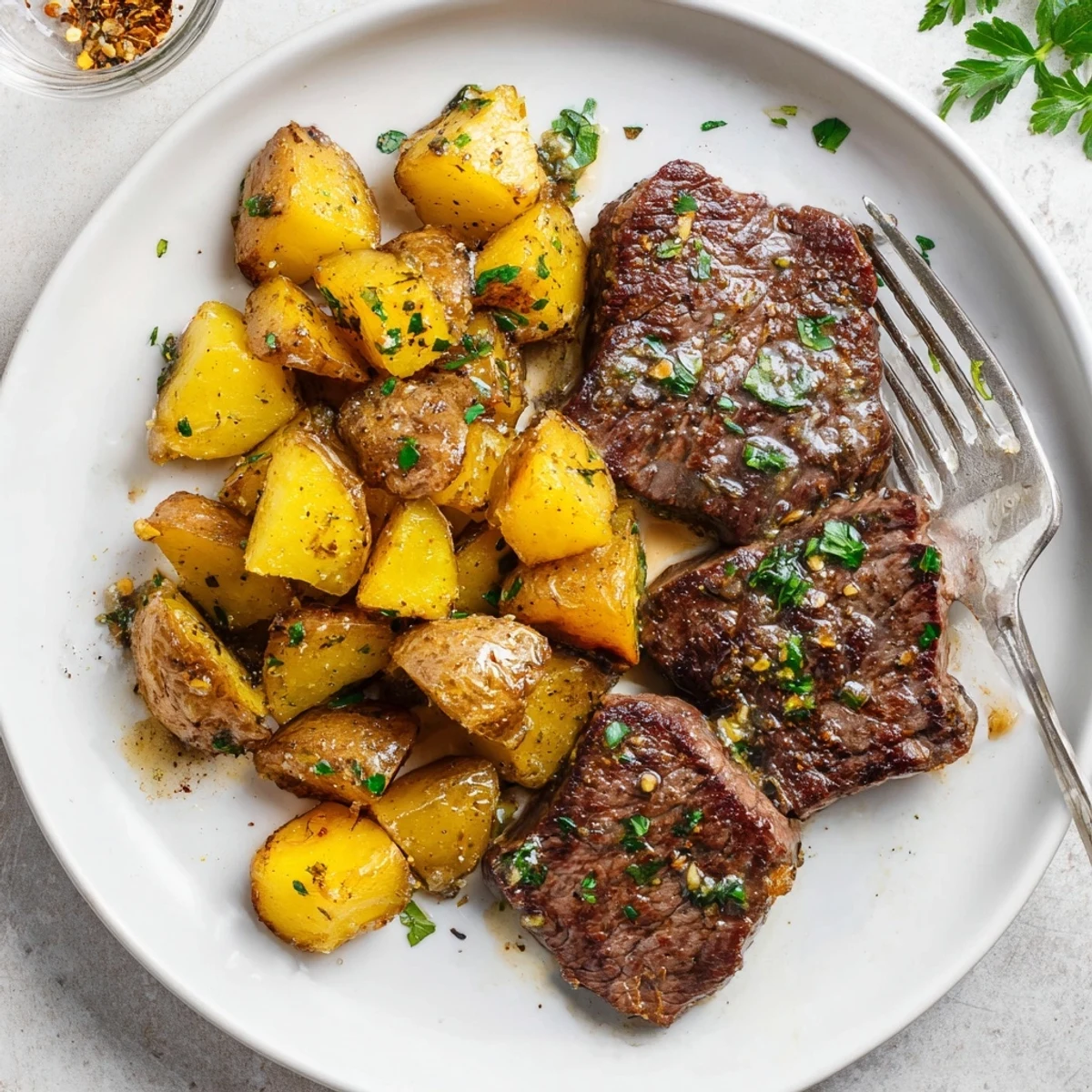 Garlic Steak Bites and Potatoes Recipe on skillet, sizzling with butter.