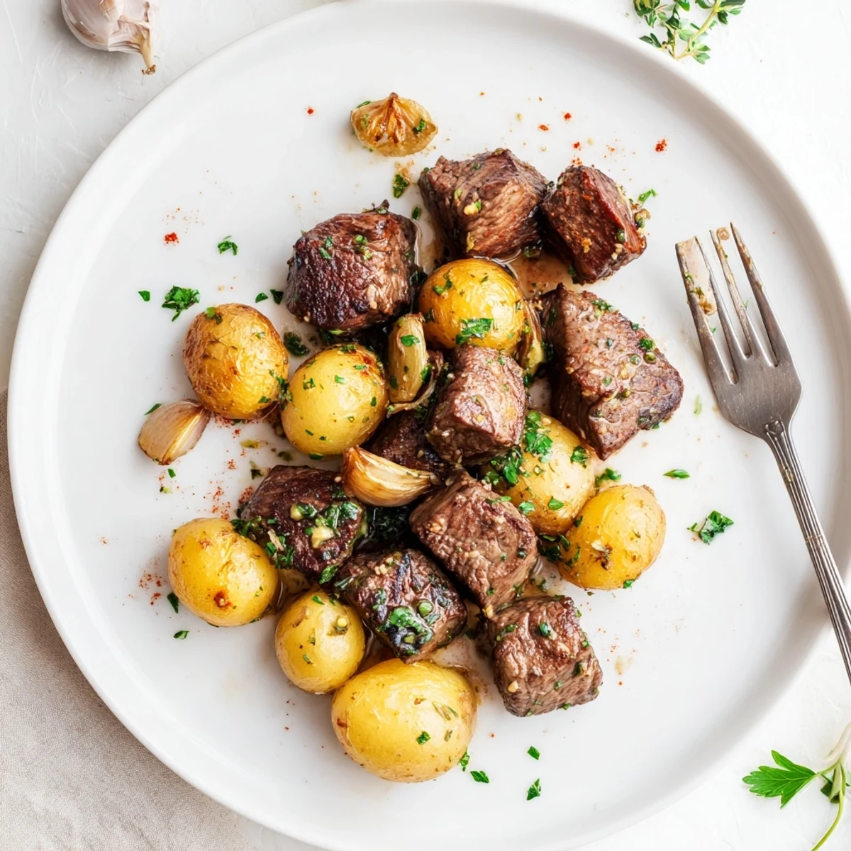 Family-style Garlic Steak Bites and Potatoes Recipe, golden potatoes, fragrant garlic.