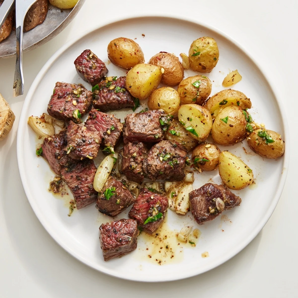 Serve Garlic Steak Bites and Potatoes Recipe hot, tender steak bites, parsley garnish.