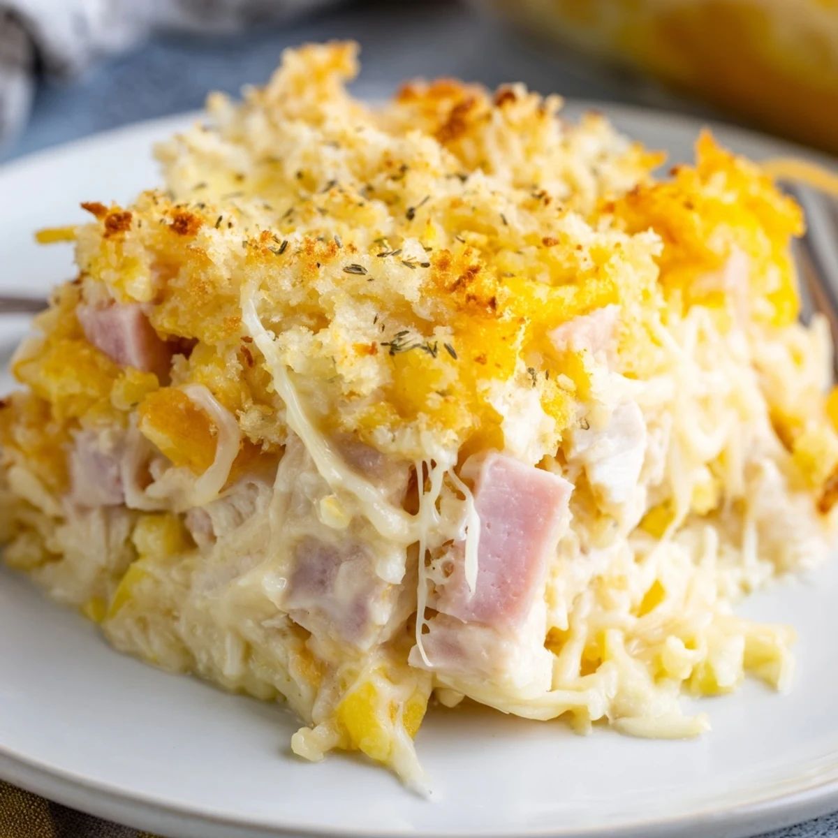 Golden, bubbling Chicken Cordon Bleu Casserole Recipe with crisp Parmesan-Panko topping, steaming
