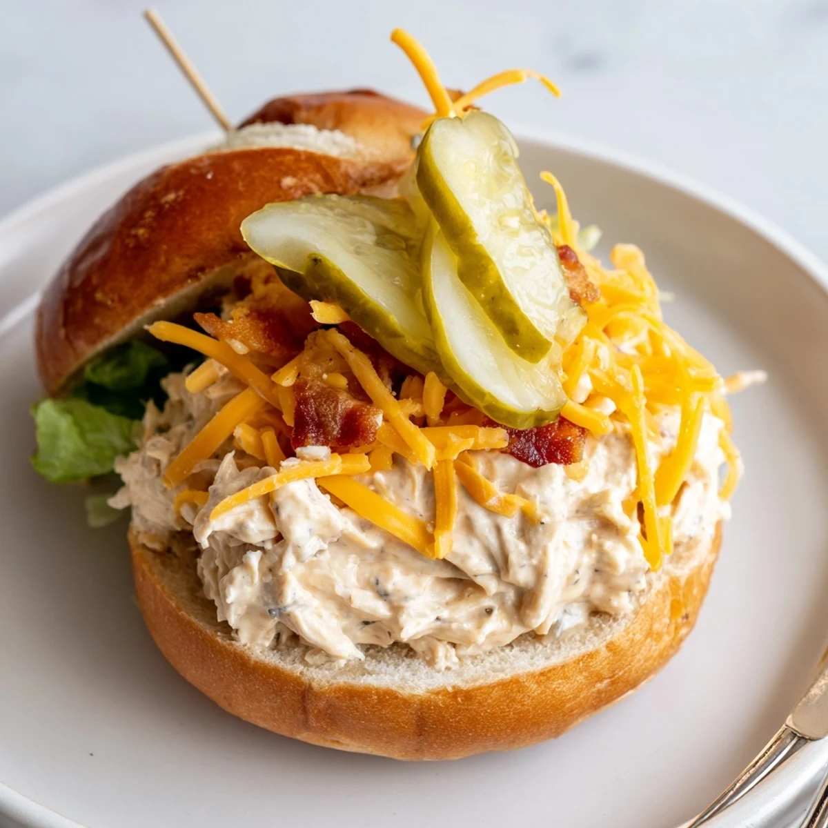 Warm Crack Chicken Sandwiches piled on brioche, gooey cheddar and crispy bacon