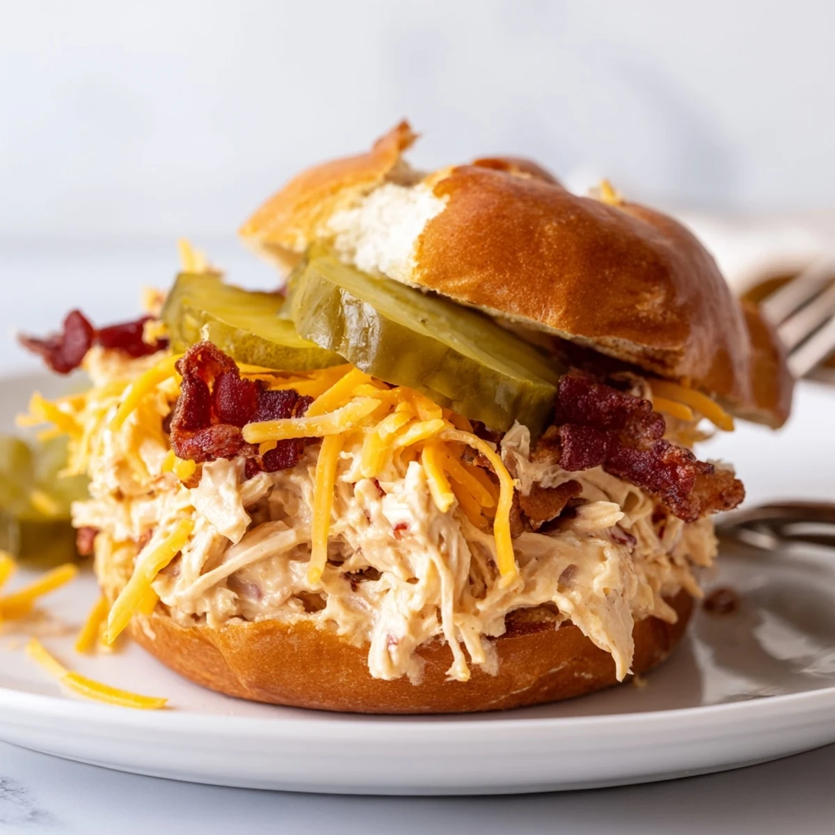 Bubbly baked Crack Chicken Sandwiches spooned onto buns, tangy ranch aroma rising