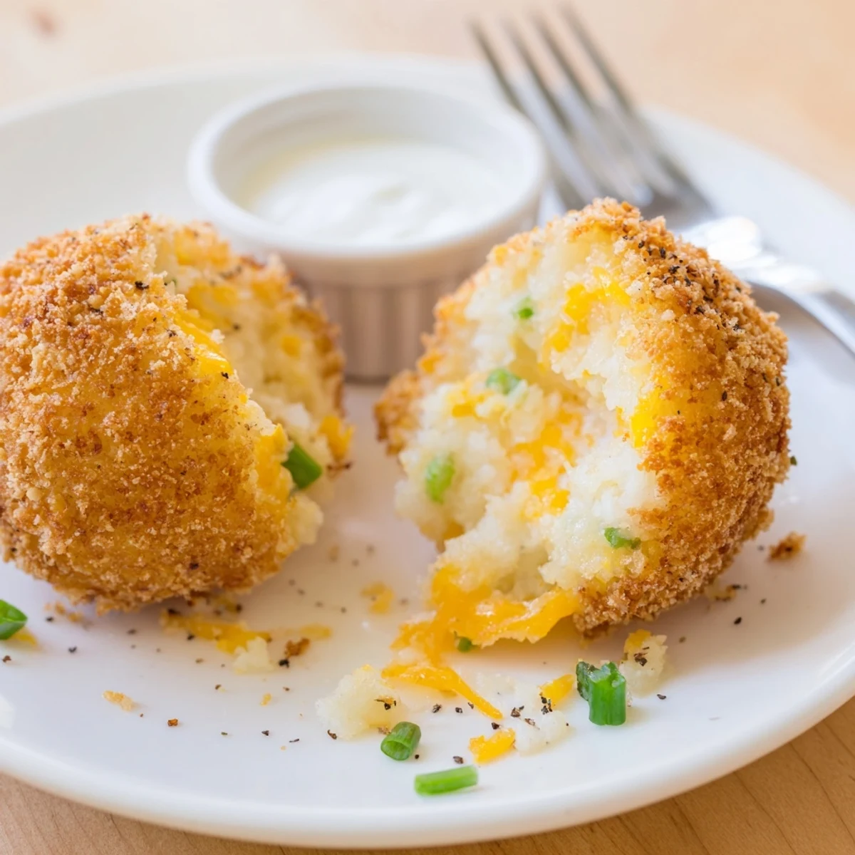 Bite-sized Fried Mashed Potato Balls with melty cheddar, green onions, savory aroma