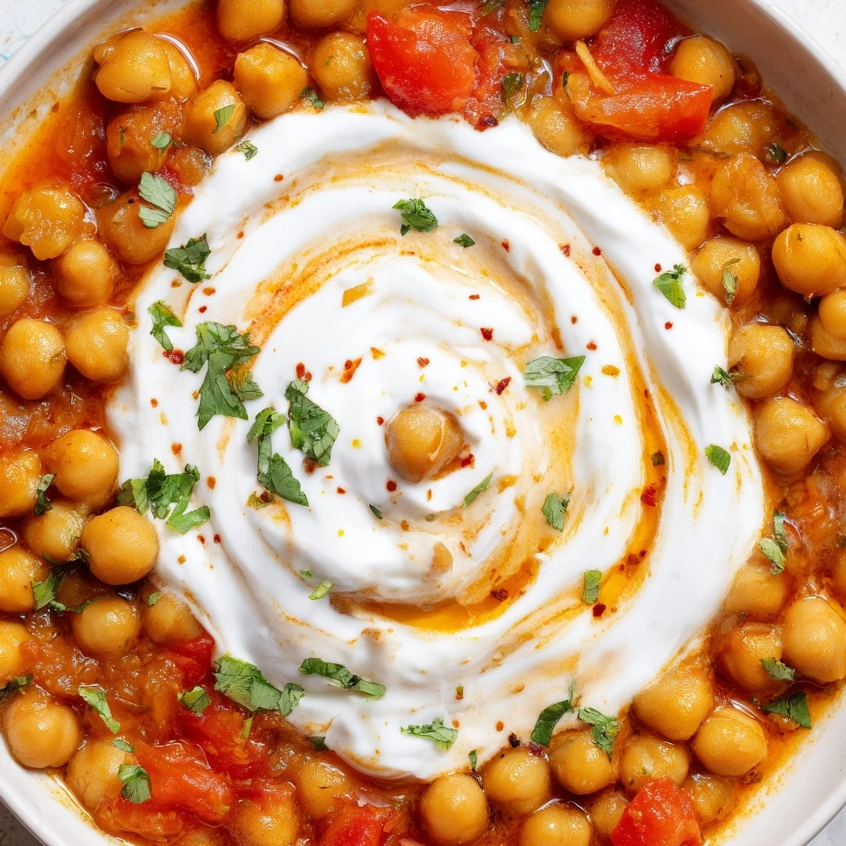Creamy Greek Yogurt Chickpea Curry steaming in skillet, garnished with cilantro