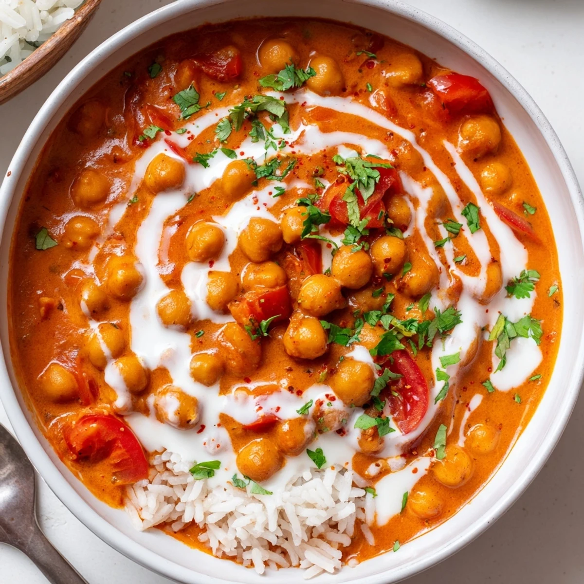 Weeknight Greek Yogurt Chickpea Curry with tangy yogurt swirl, warm naan beside