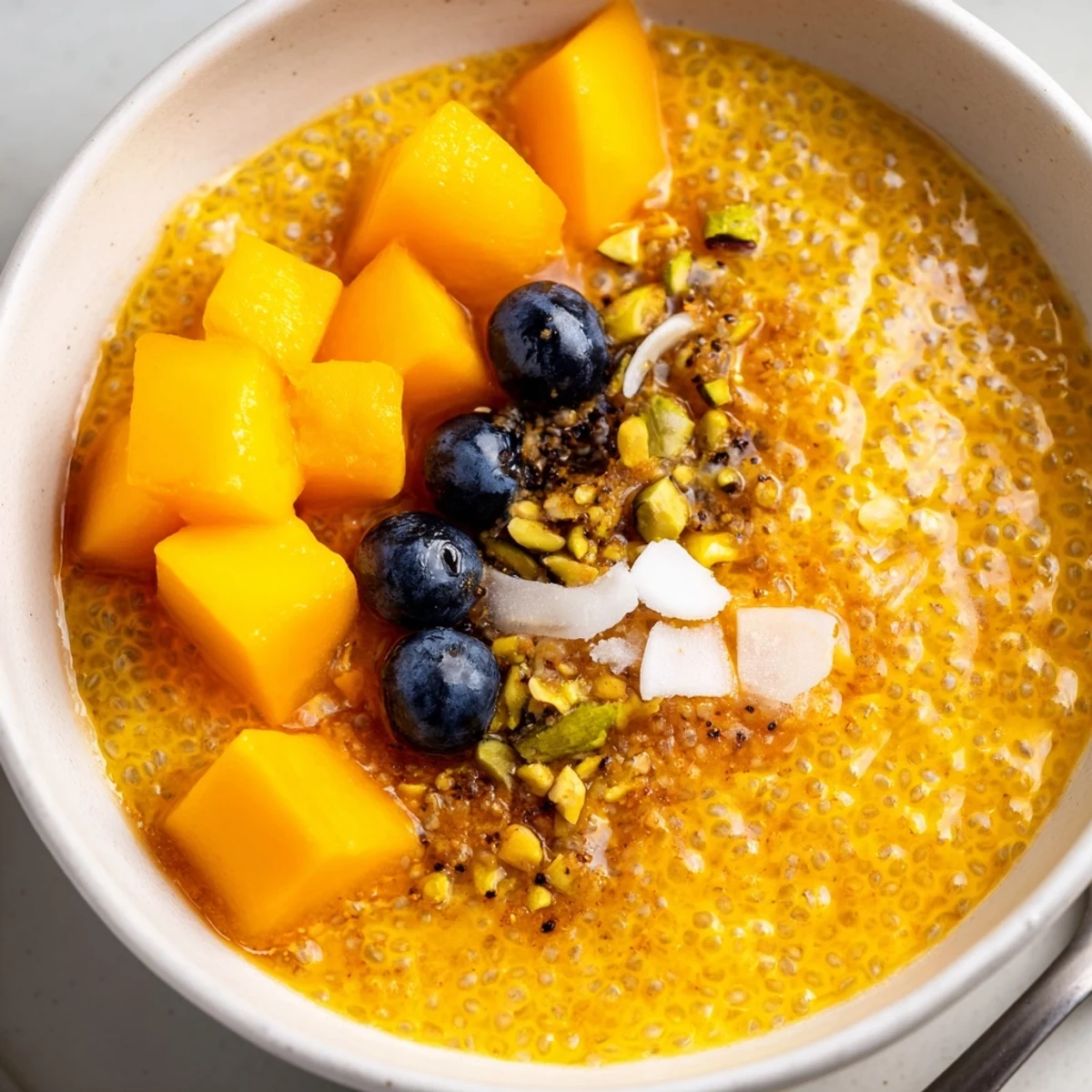 Coconut Chia Pudding in glass jar, creamy texture with mango topping