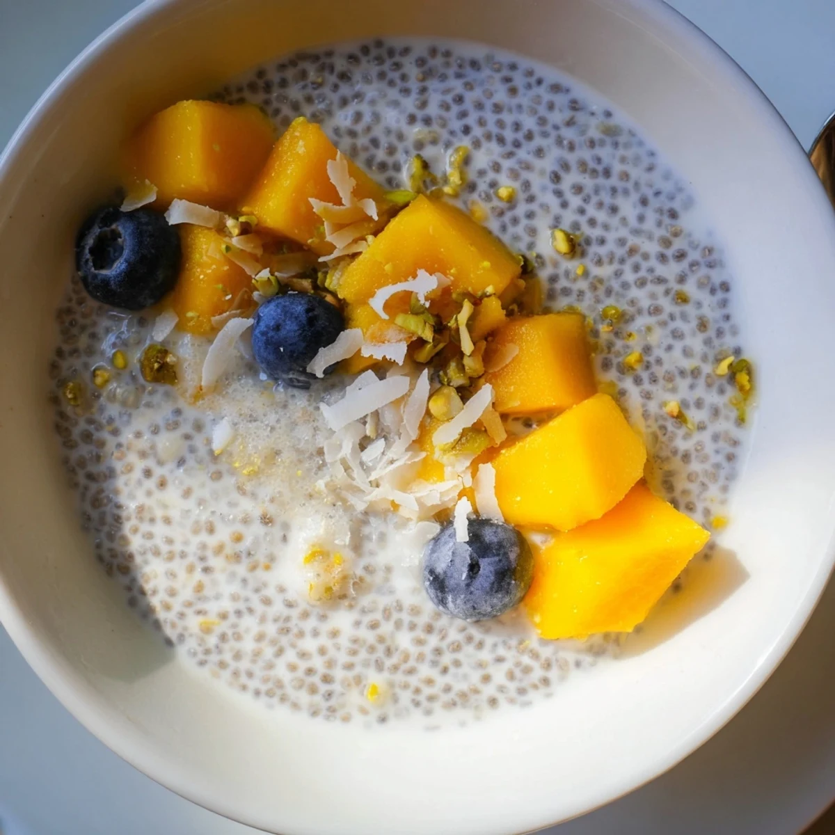 Breakfast Coconut Chia Pudding topped with berries, crunchy nuts, spoon ready