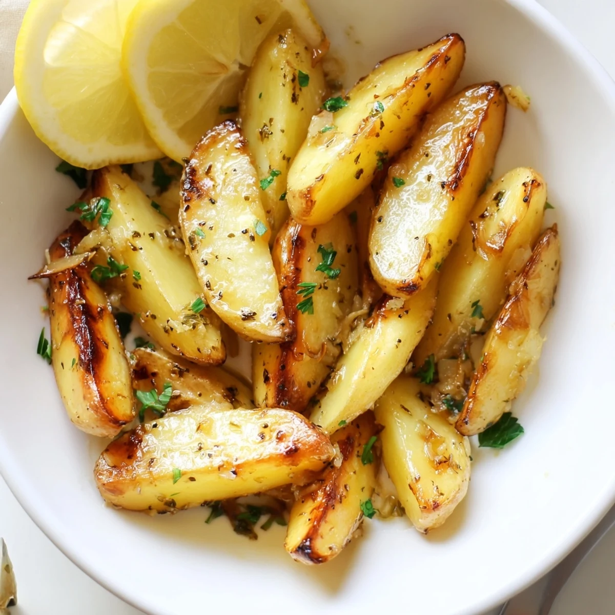 Authentic Greek Lemon Potatoes Recipe: golden wedges roasted with garlic, lemony juices