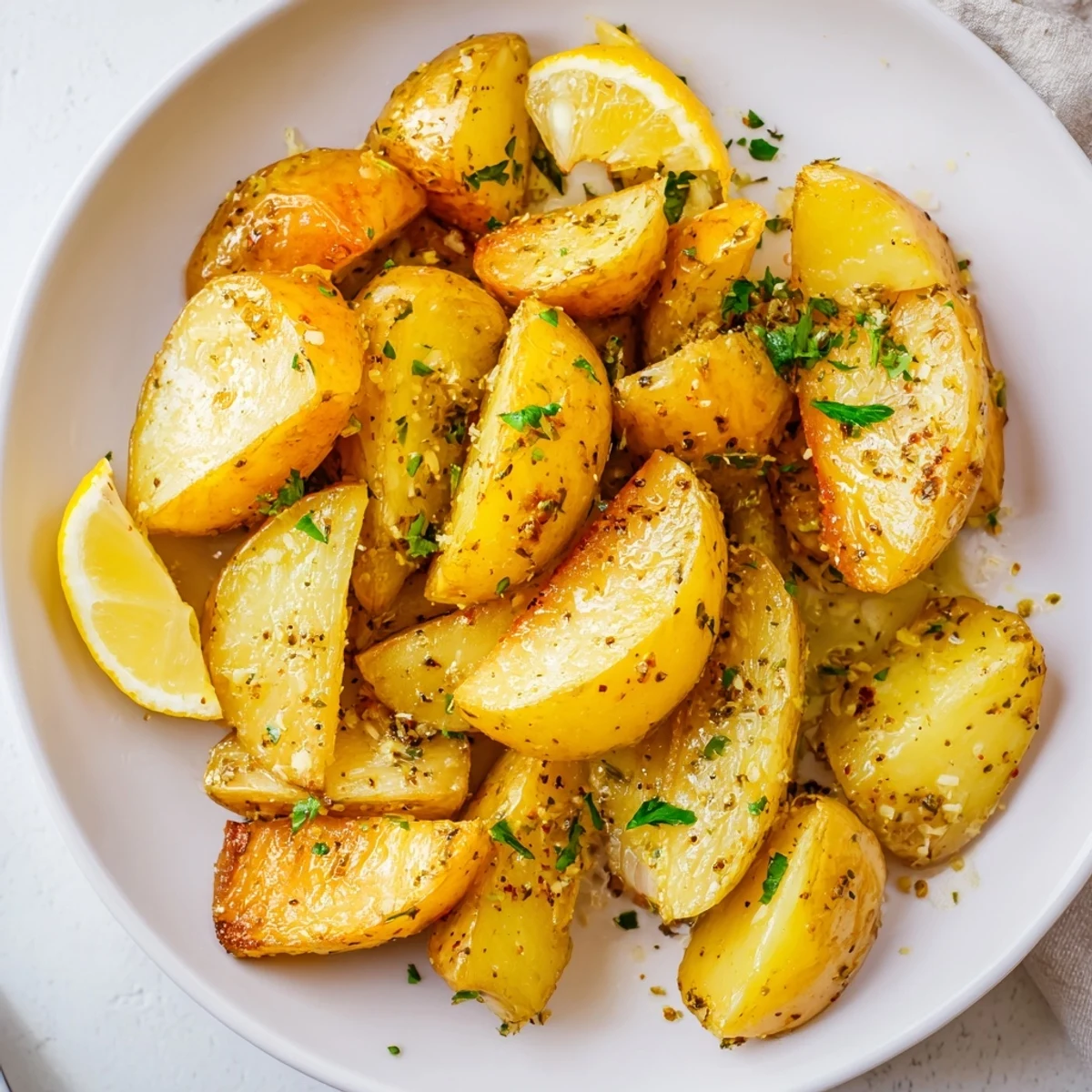 Oven-roasted Authentic Greek Lemon Potatoes Recipe, tender inside, crisped edges, perfect side