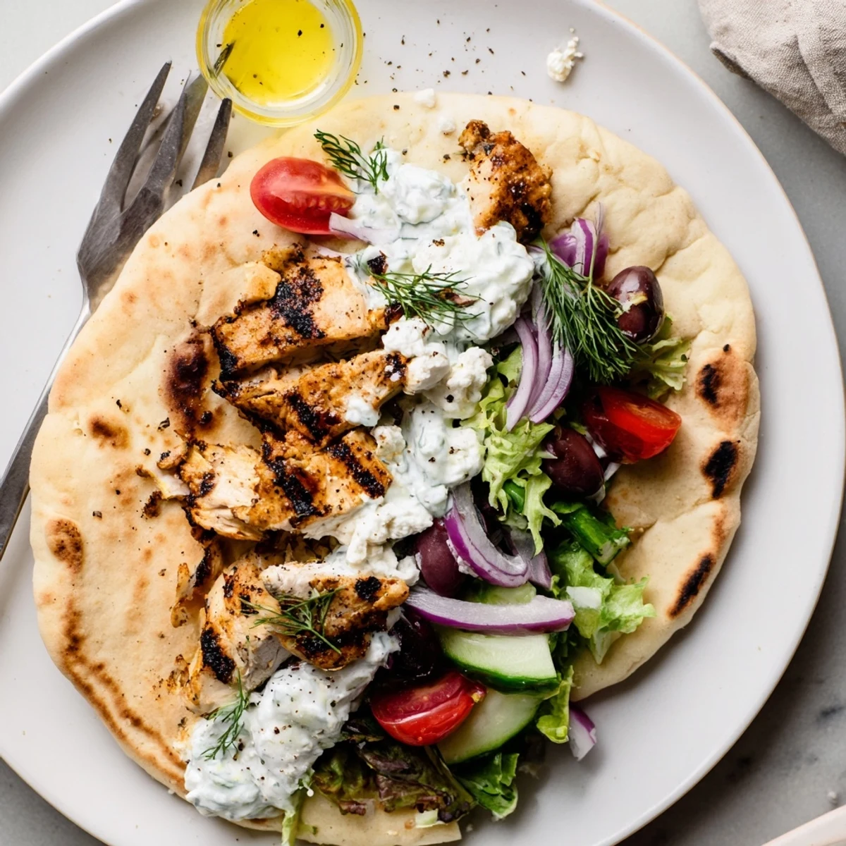 Mediterranean Chicken Pita Wraps with tender grilled chicken, tangy yogurt, vibrant vegetables
