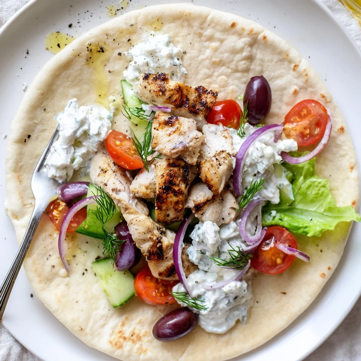 Serve Mediterranean Chicken Pita Wraps immediately—creamy dill sauce, lemon aroma, soft pita