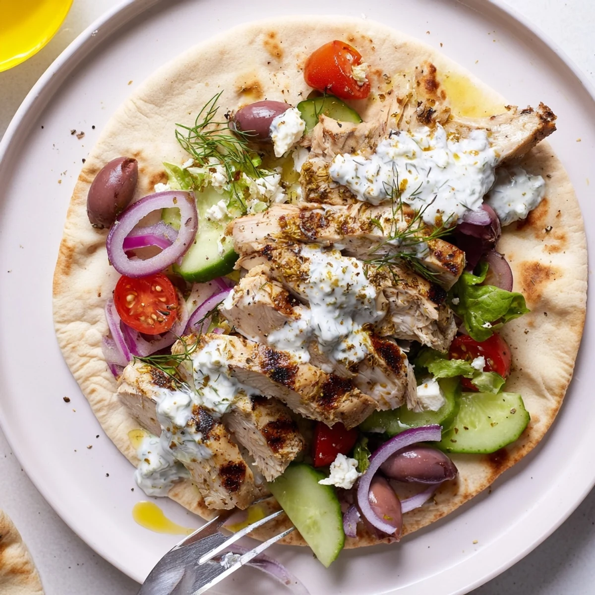 Warm Mediterranean Chicken Pita Wraps filled with crisp cucumber, feta, and smoky char