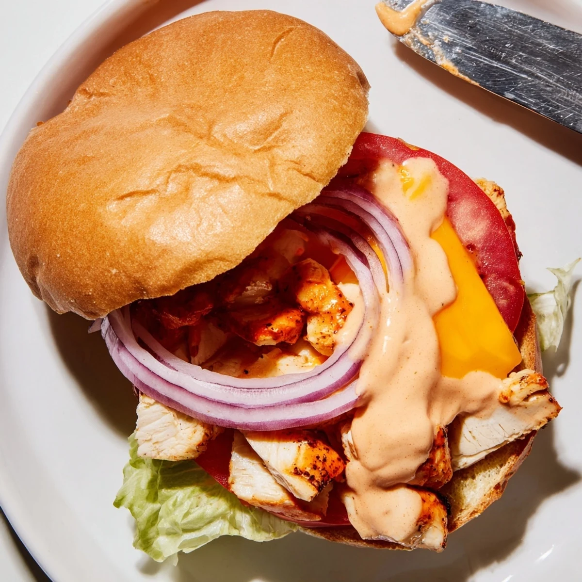 Spicy Chicken Sandwich With Creamy Sauce on toasted bun, juicy and tangy