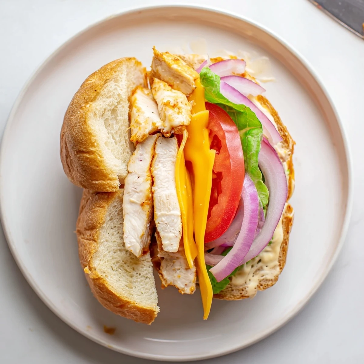 Spicy Chicken Sandwich With Creamy Sauce layered with cheddar and crisp lettuce