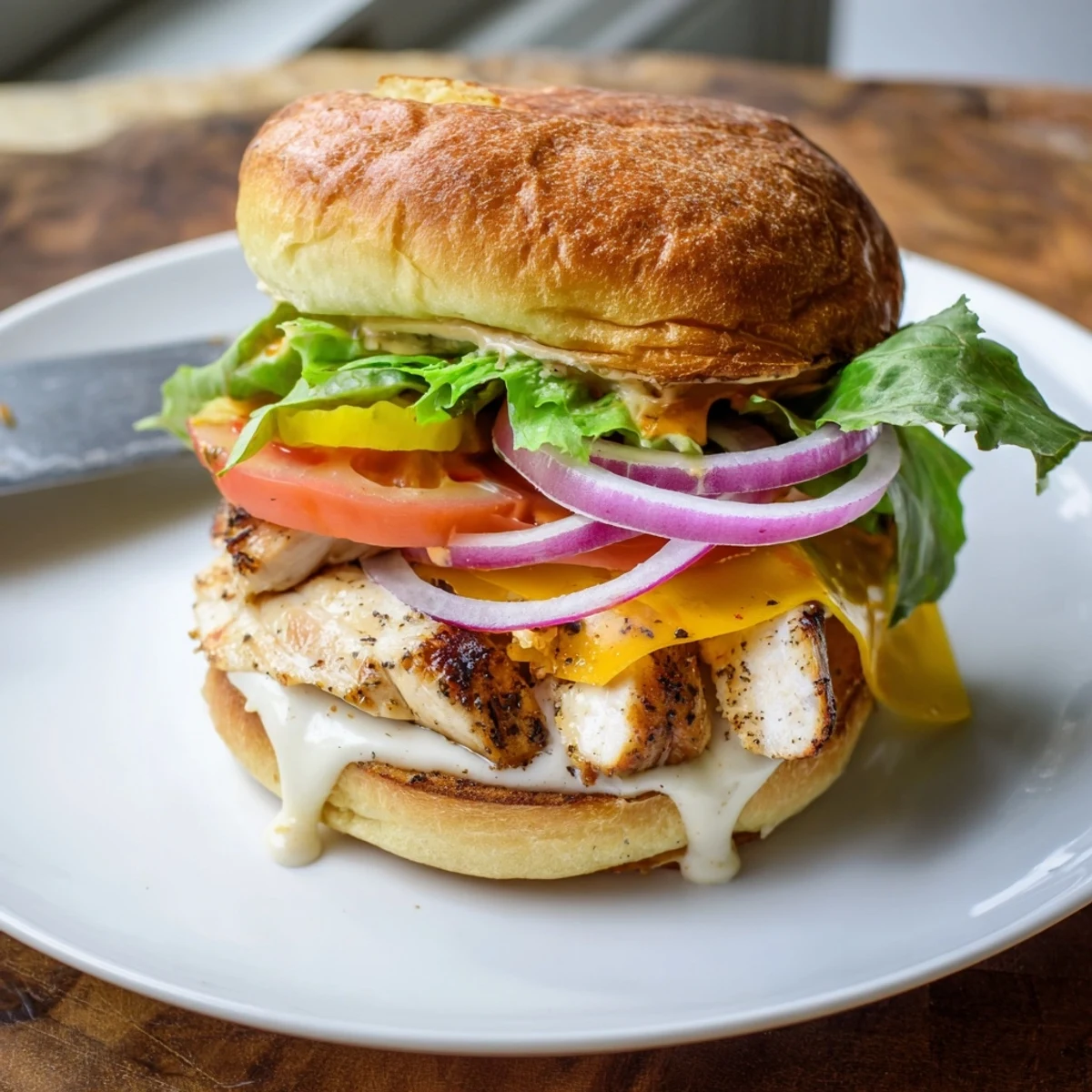 Stacked Spicy Chicken Sandwich With Creamy Sauce, smoky paprika aroma, served with fries