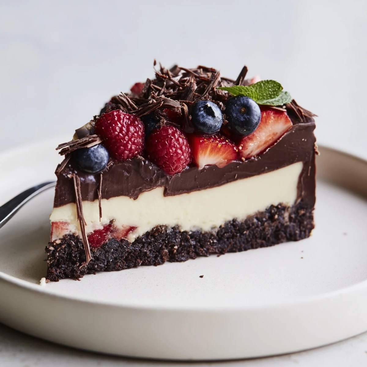 A chilled slice of The Ultimate Dessert Recipe atop crunchy biscuit base