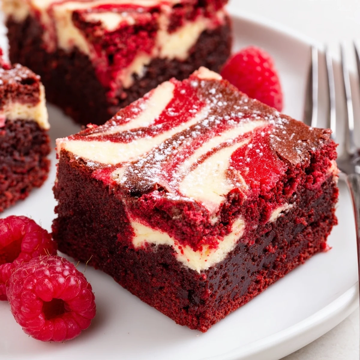 Red Velvet Brownies With Cheesecake Layer sliced, showing marbled cream cheese swirls  