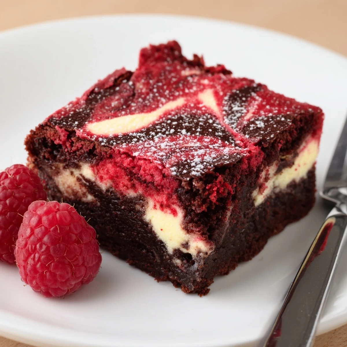 Warm Red Velvet Brownies With Cheesecake Layer served with fresh berries  