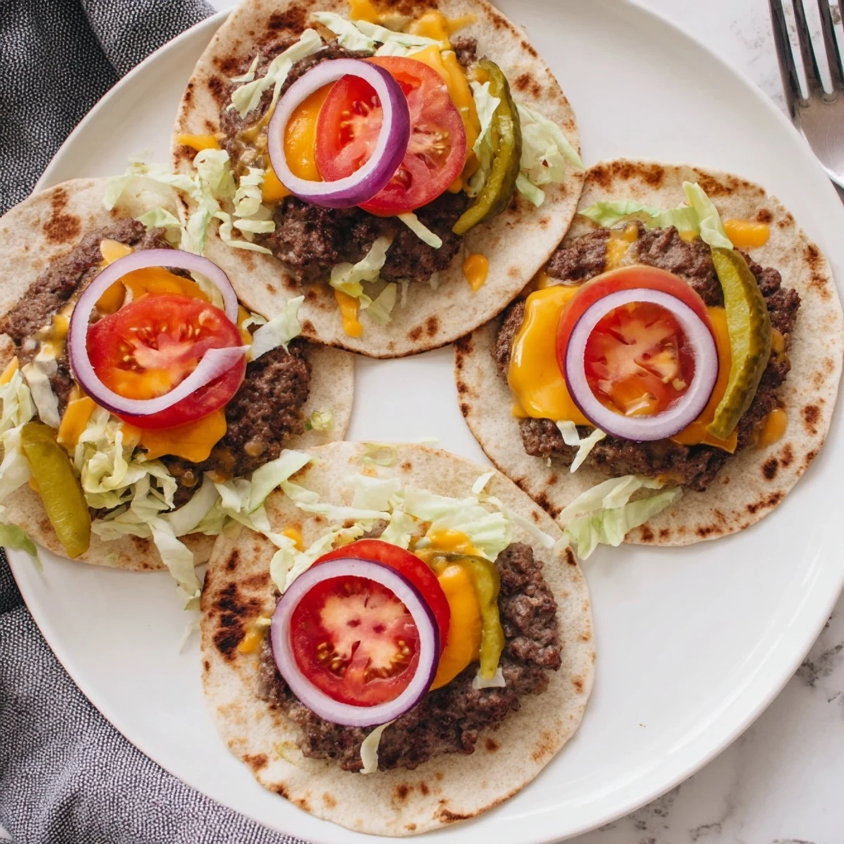 Smash Burger Tacos Recipe showing crispy browned beef, melted cheddar, fresh toppings