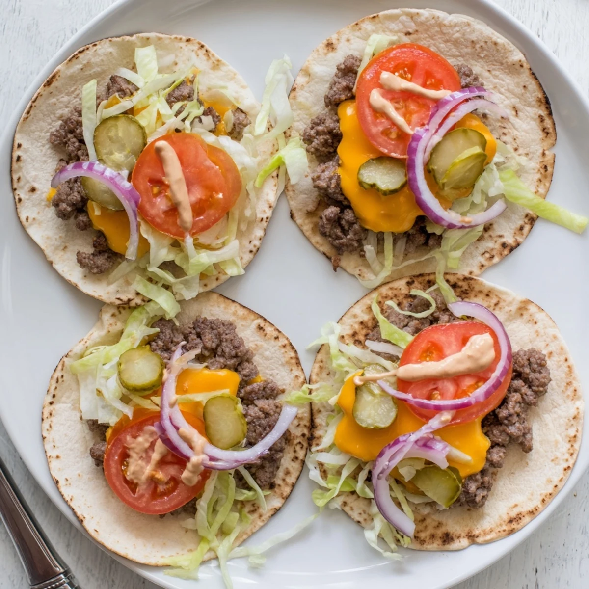 Close-up of Smash Burger Tacos Recipe with sizzling edges, toasted tortillas, pickles