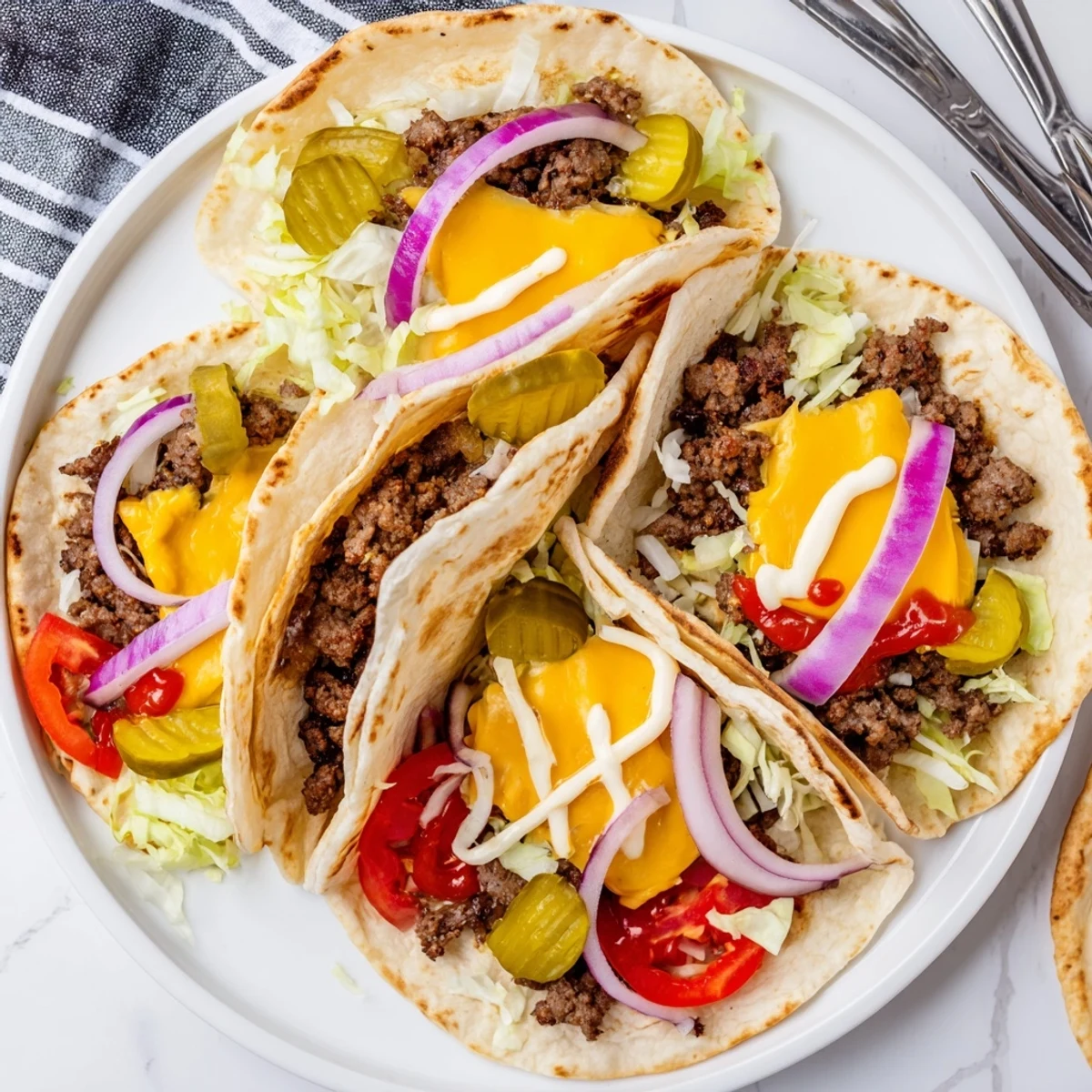 Family-style Smash Burger Tacos Recipe plated with lettuce, tomato, sauce drizzle