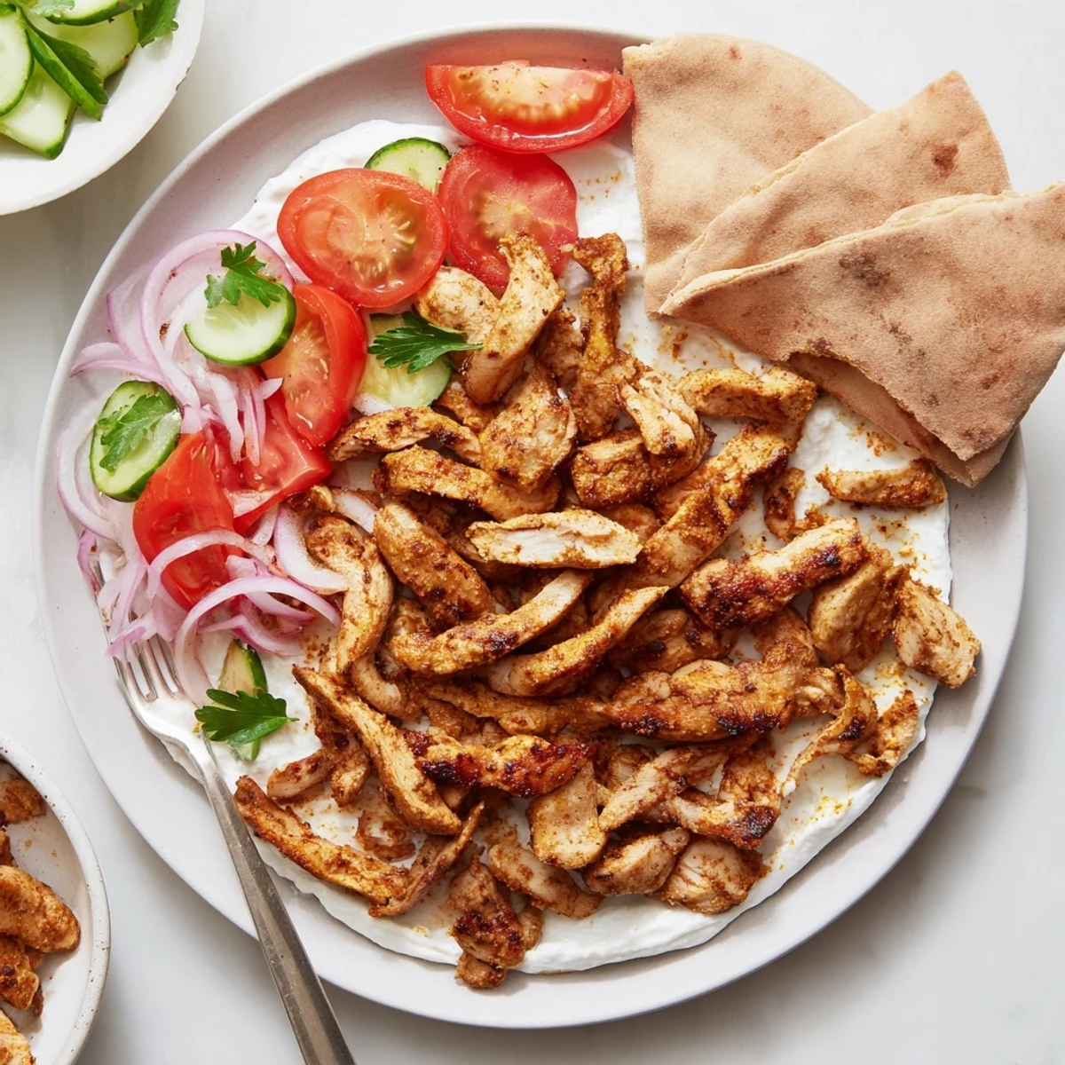 Shawarma Chicken With Garlic Sauce piled in warm pita, charred edges