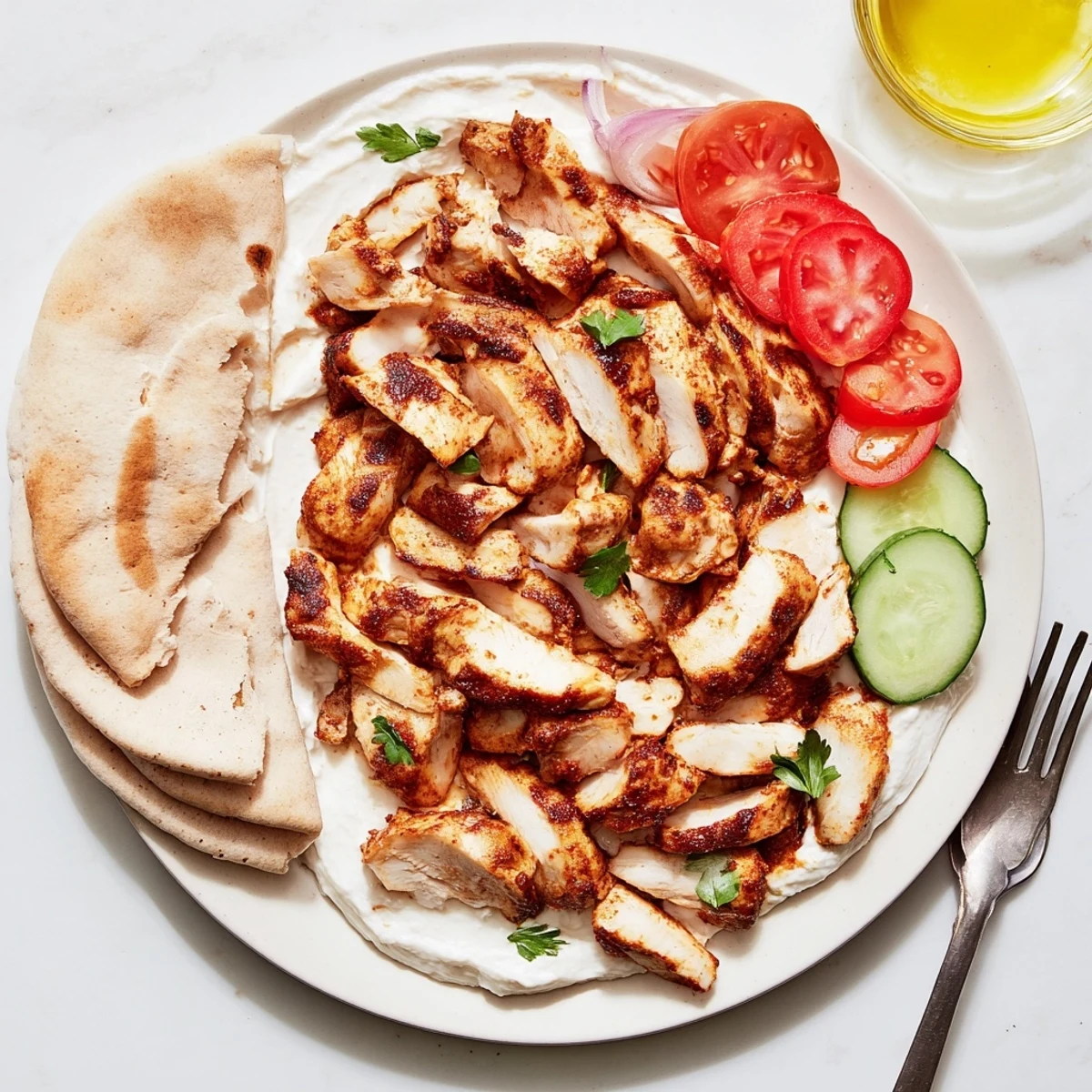 Sliced Shawarma Chicken With Garlic Sauce drizzled with creamy toum and parsley