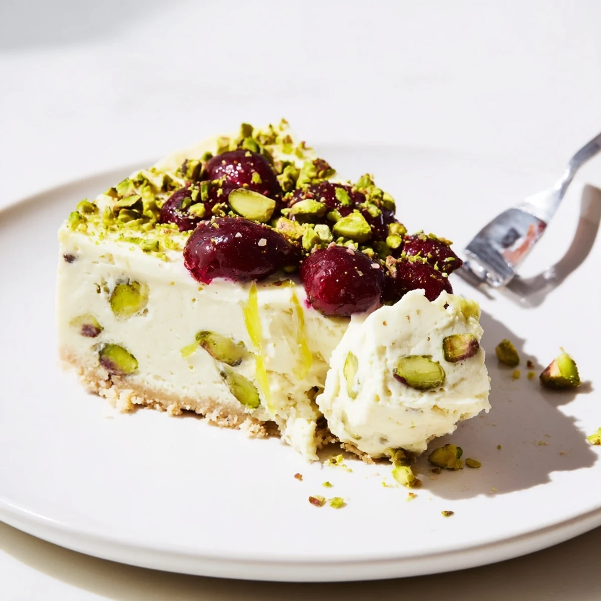 Slice of Lemon Lime Cherry Pistachio Cheesecake on plate, bright tart cherries