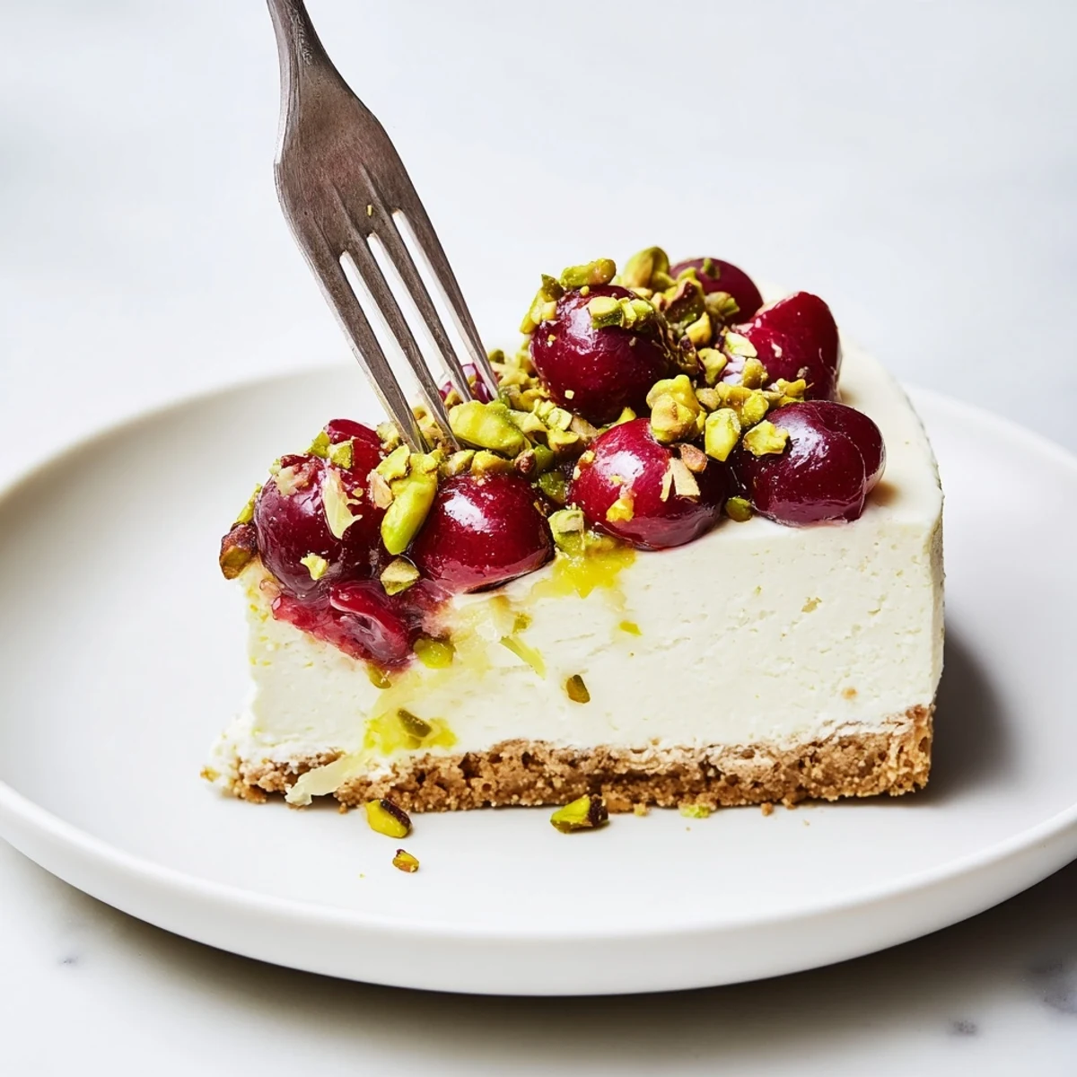 Creamy Lemon Lime Cherry Pistachio Cheesecake chilled, zesty citrus aroma and crunchy crust
