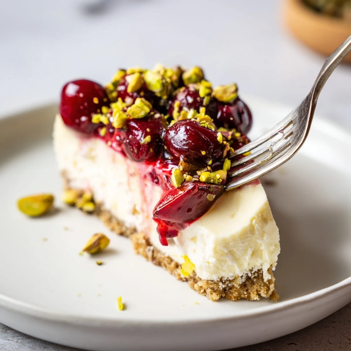 Lemon Lime Cherry Pistachio Cheesecake topped with glossy cherries and crushed pistachios