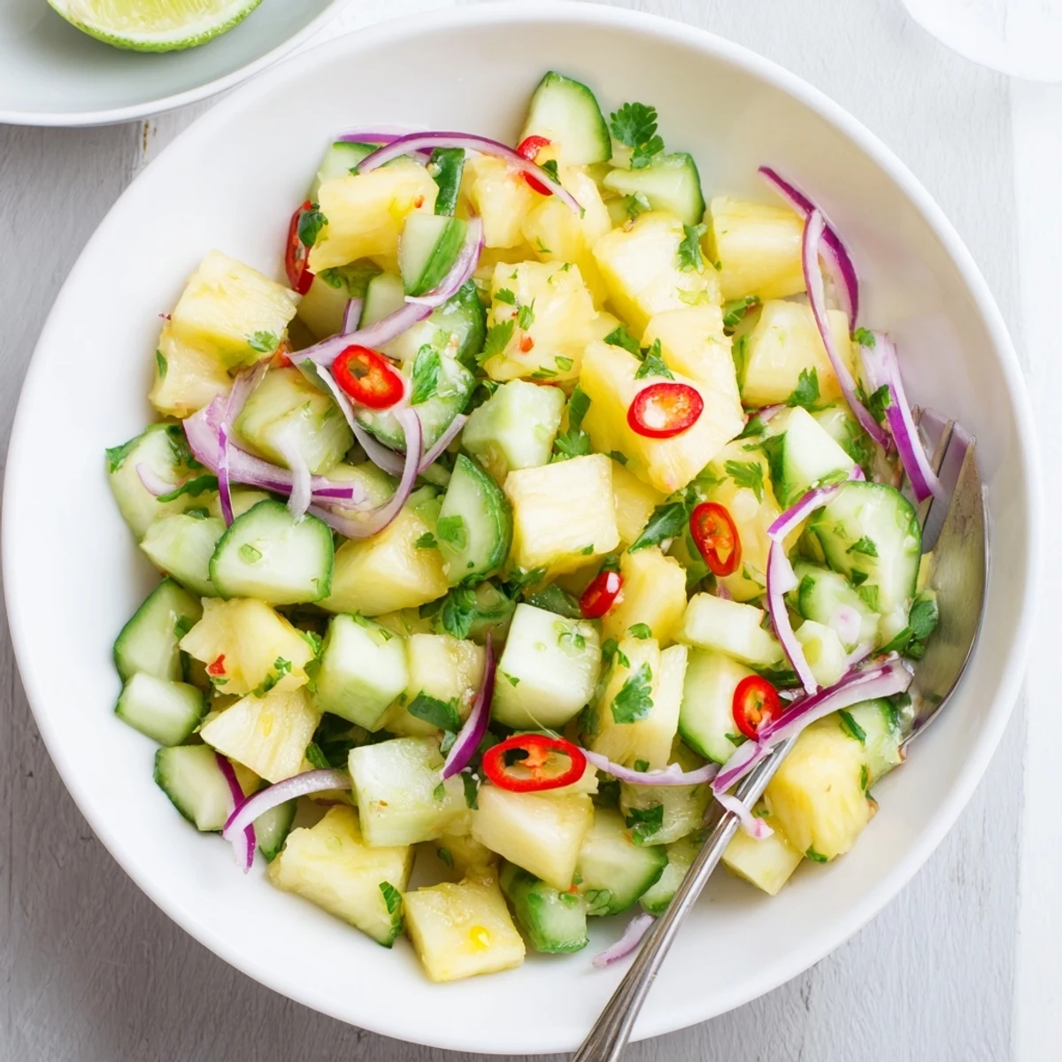 Pineapple Cucumber Salad featuring juicy chunks, crisp cucumber, zesty lime dressing