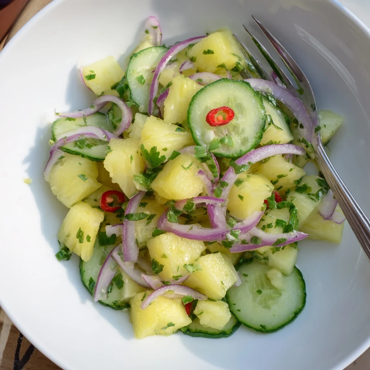 Chilled Pineapple Cucumber Salad tossed with cilantro, thin red onion slices