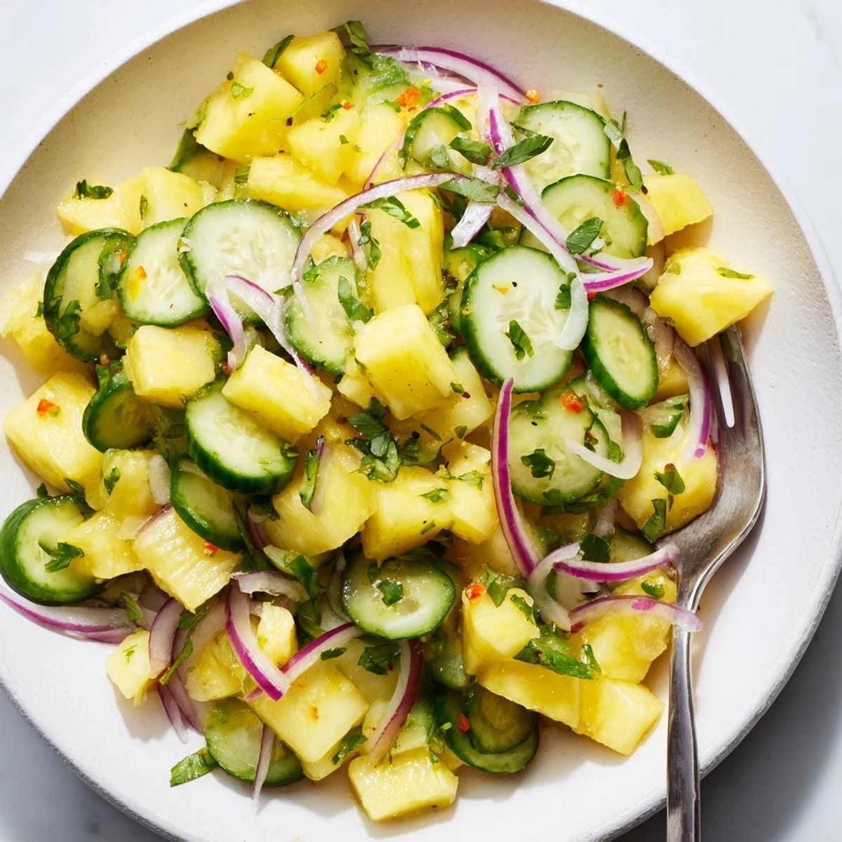 Pineapple Cucumber Salad paired with grilled chicken, bright tropical herb notes