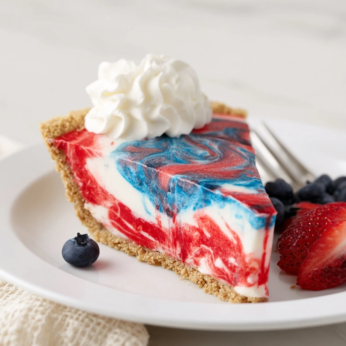 Chilled Patriotic Red White And Blue Swirl Pie sliced, vibrant marbled filling visible
