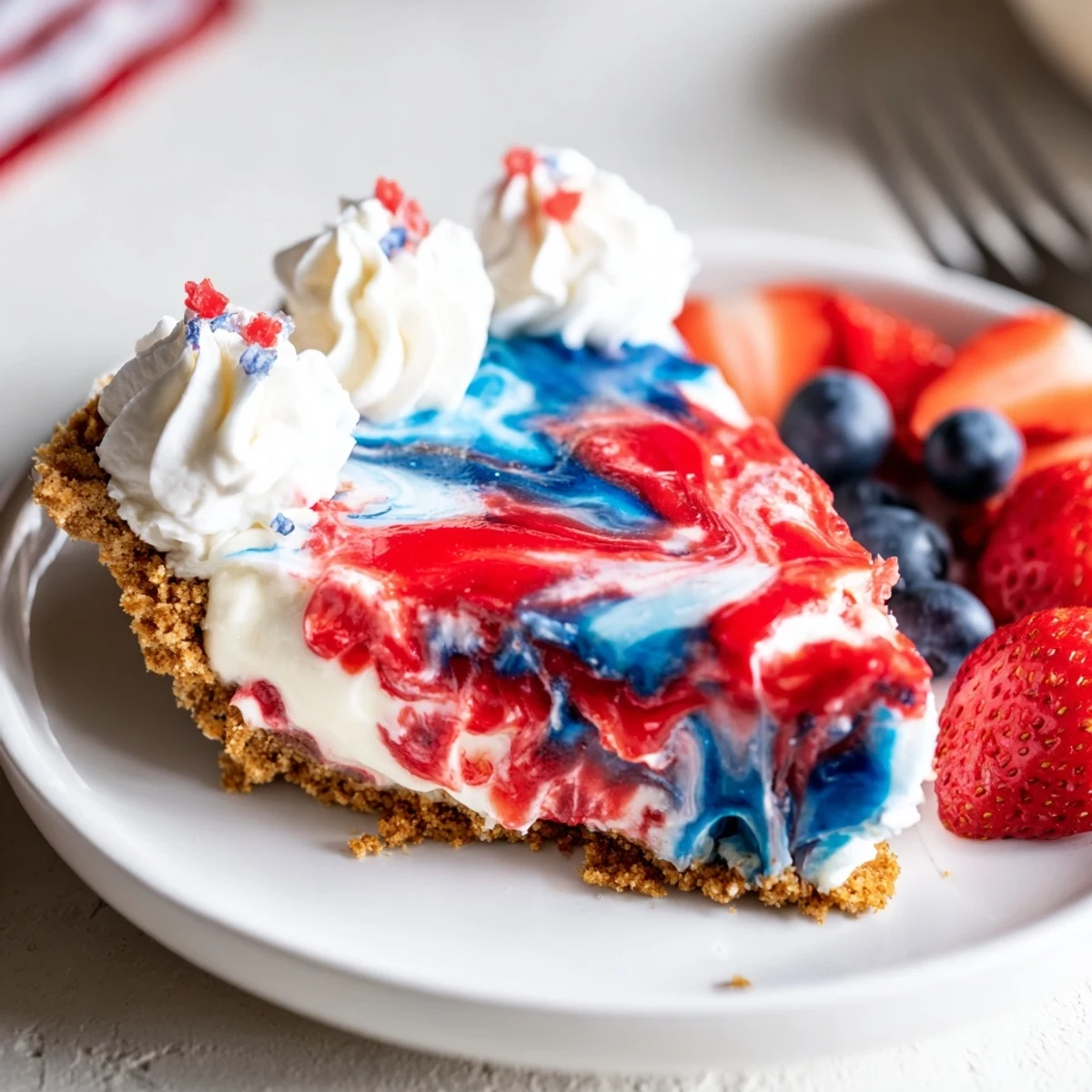 Patriotic Red White And Blue Swirl Pie with silky cream filling and berries