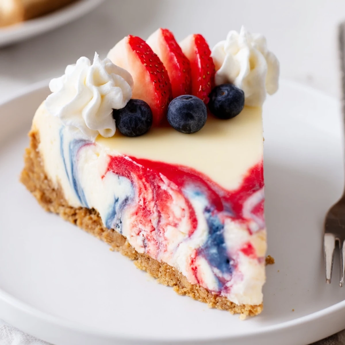 Patriotic Swirl Cheesecake with glossy red and blue marbled top, chilled