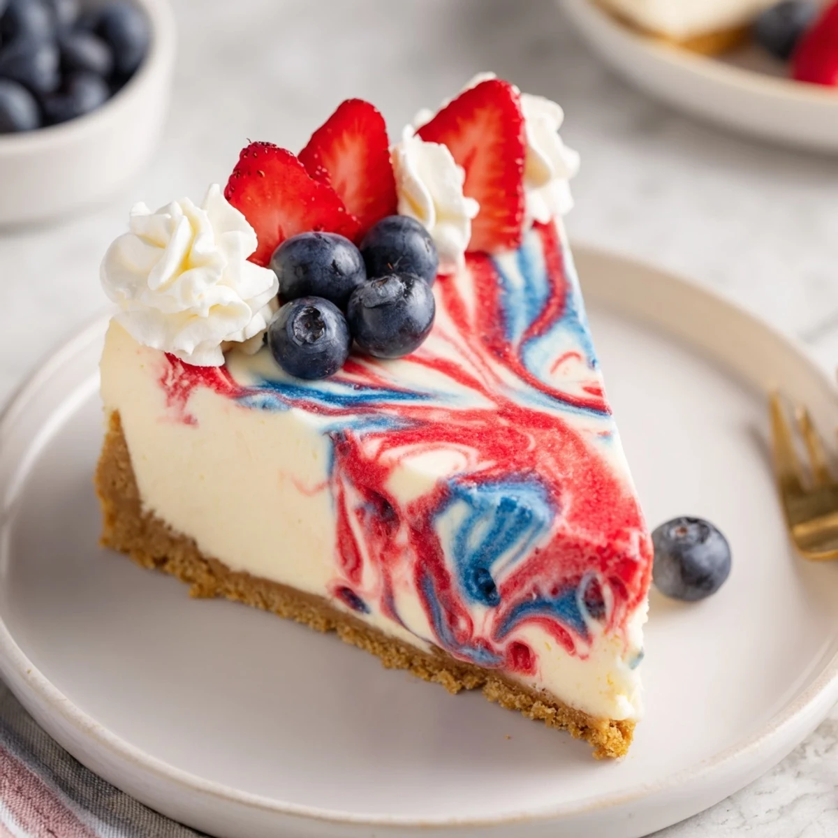 Slice of Patriotic Swirl Cheesecake showing creamy texture, vibrant swirls, summer picnic ready
