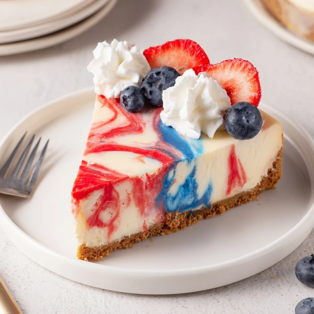 Fork ready Patriotic Swirl Cheesecake on graham crust, bright berry topped celebration dessert