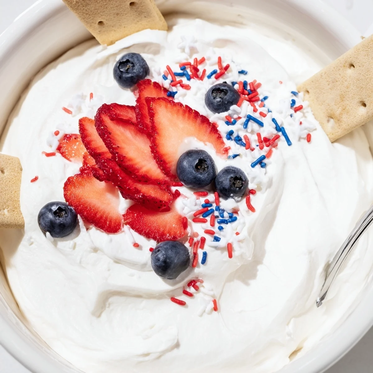 Close-up showing How To Make Star Spangled Cheesecake Dip with whipped cream peaks.