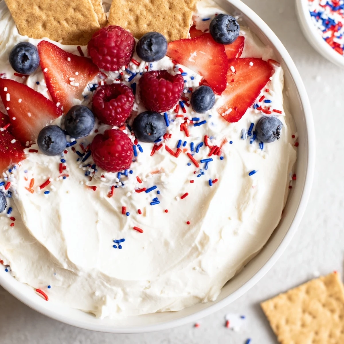 Patriotic party spread featuring How To Make Star Spangled Cheesecake Dip and crackers.