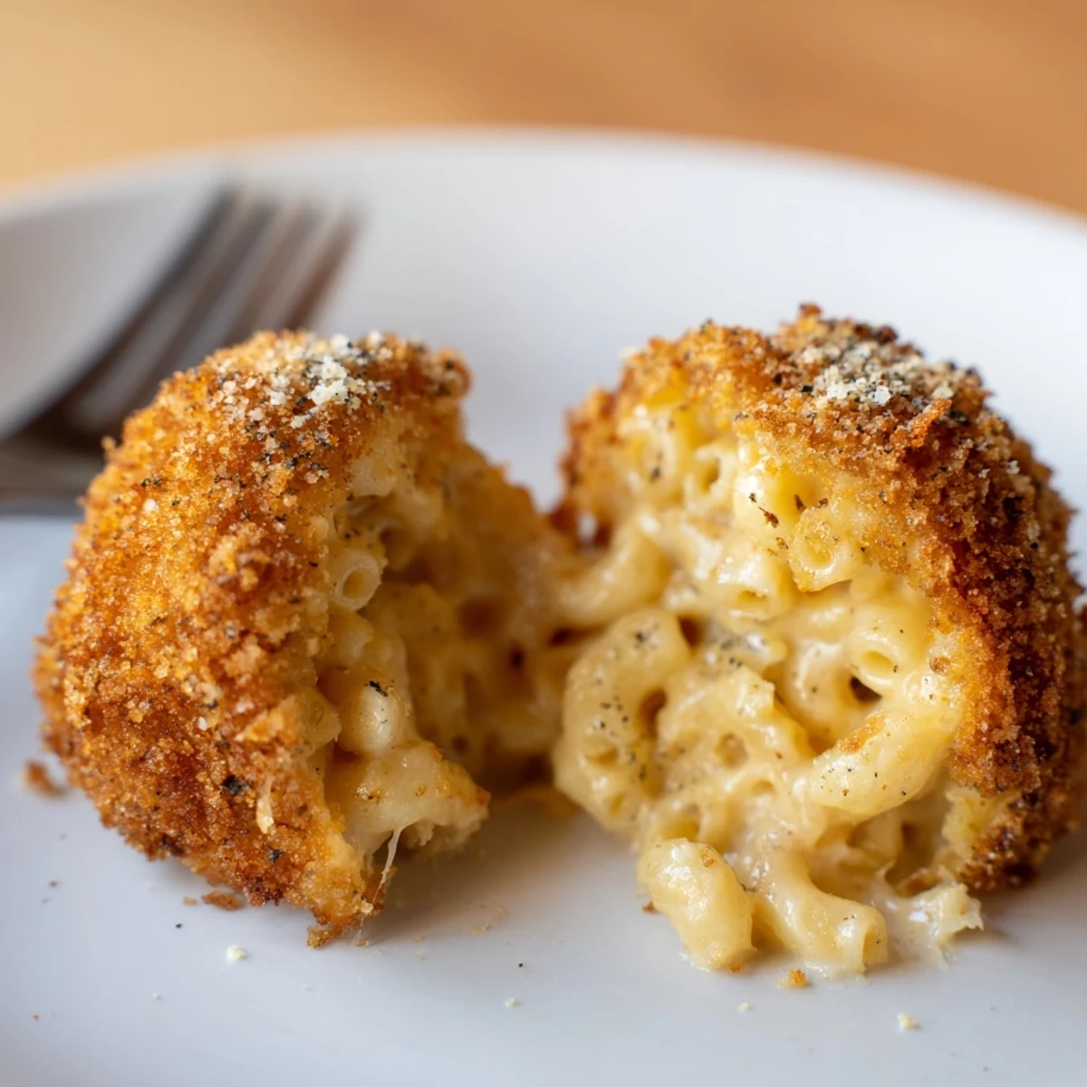 Hand holding Fried Mac And Cheese Bites, creamy interior, spicy jalapeño crunch
