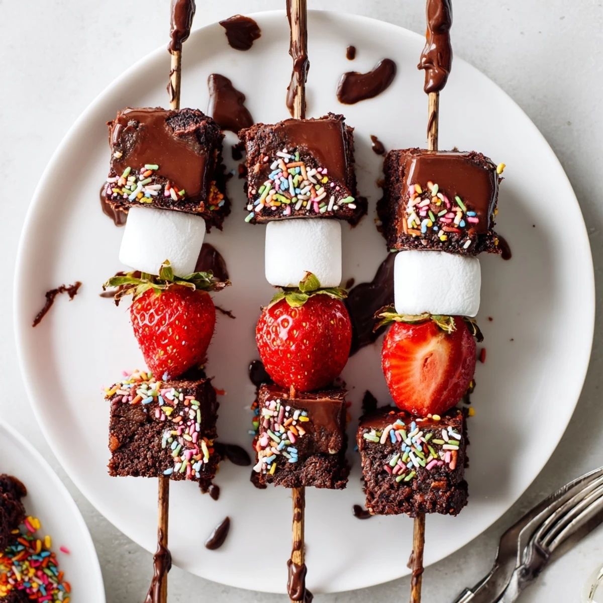 Sweet Strawberry Brownie Kabobs plated on a white tray, chocolate drizzle glistening