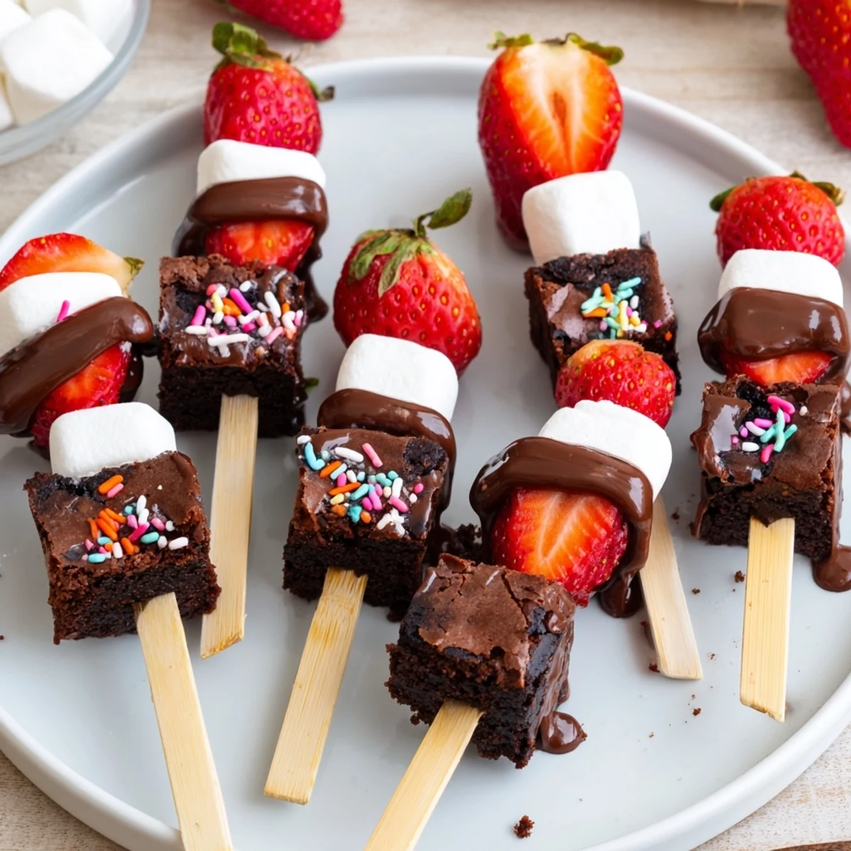 Fresh Sweet Strawberry Brownie Kabobs threaded with strawberries, pillowy marshmallows, fudgy brownies