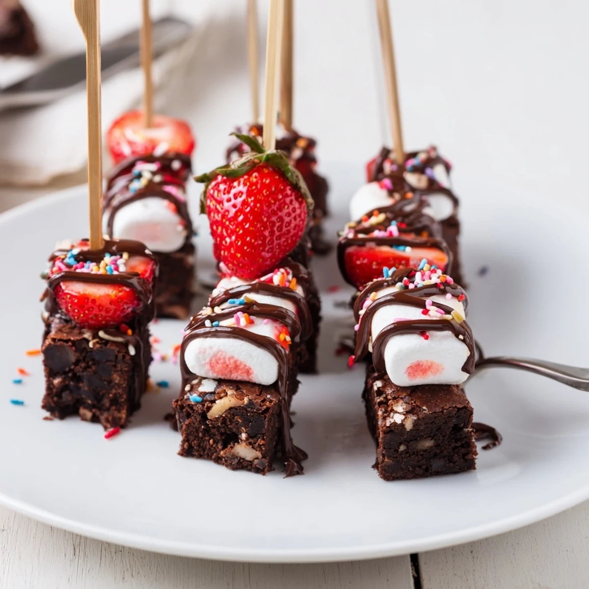 Party-ready Sweet Strawberry Brownie Kabobs skewered, sprinkled, served with chocolate dipping sauce