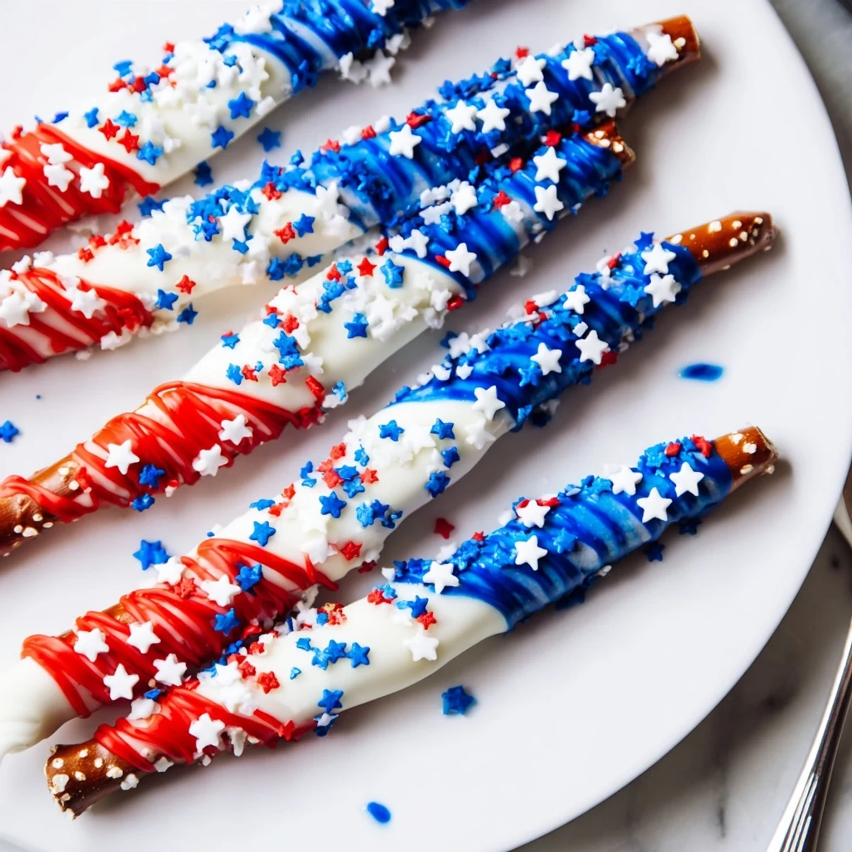 Patriotic Pretzel Rods glossy white chocolate, red and blue drizzle, festive crunch.