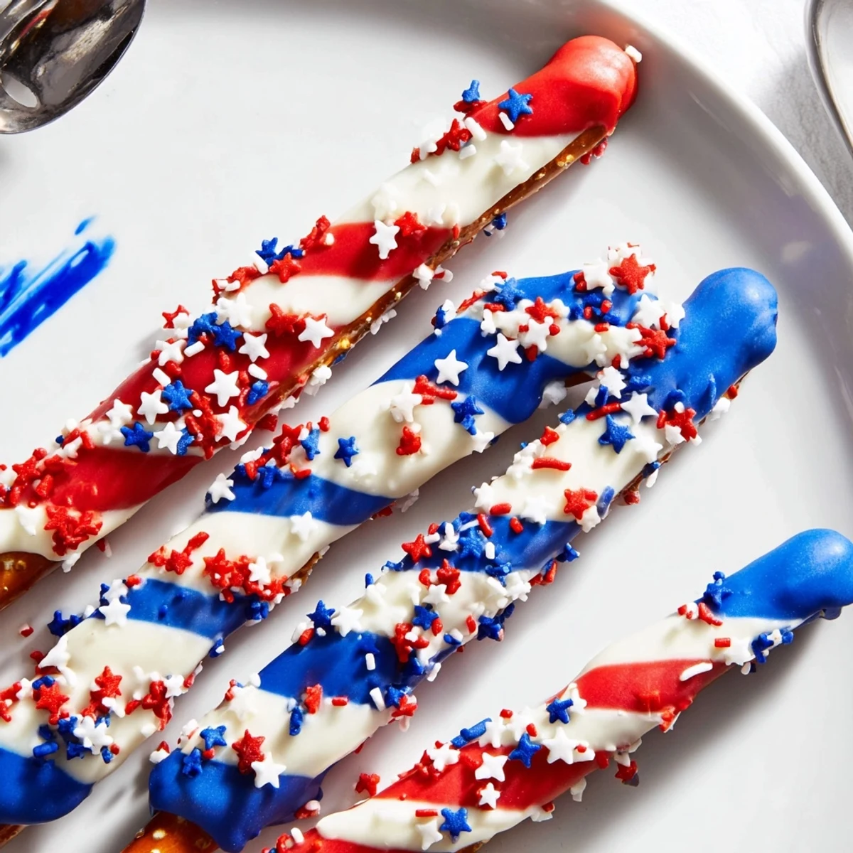 Close-up of Patriotic Pretzel Rods cooling on parchment, ready for gifting.